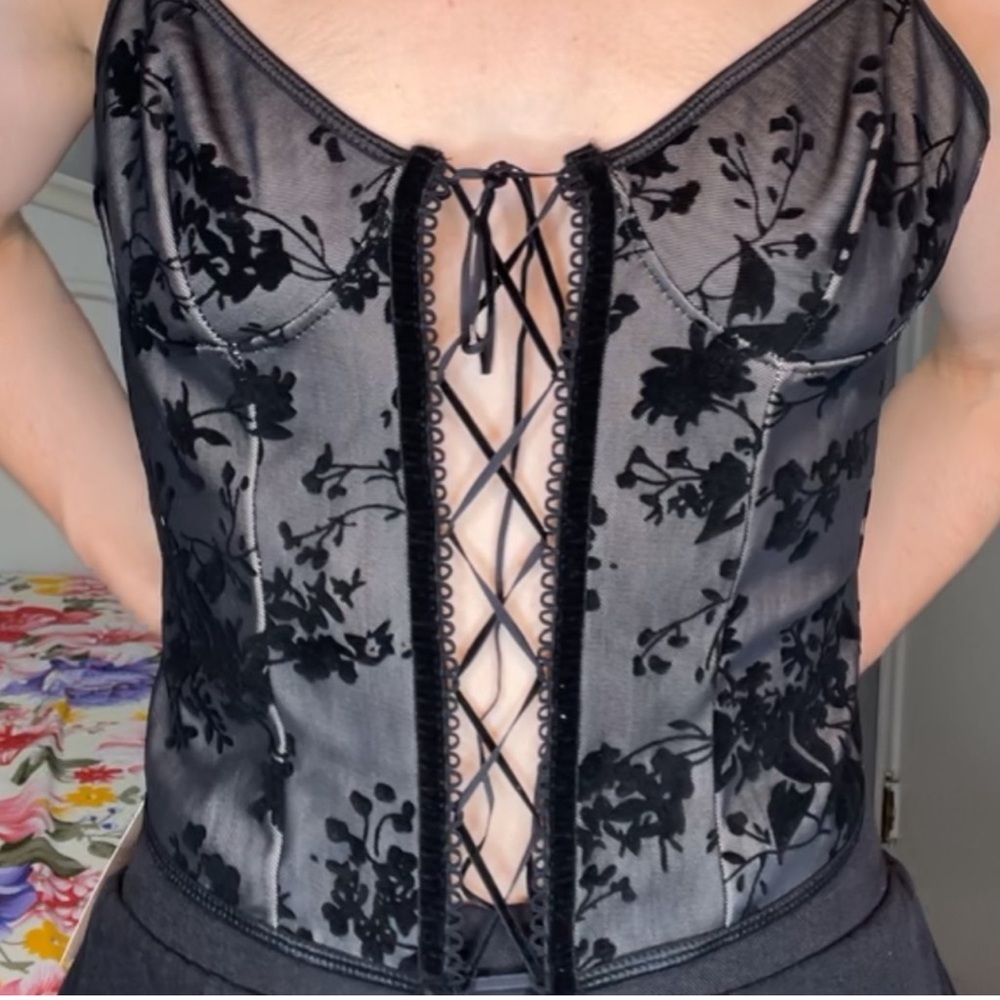 Black Floral Lace-Up Corset Top